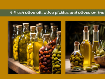 Fresh olive oil, olive pickles and olives on the table preview picture