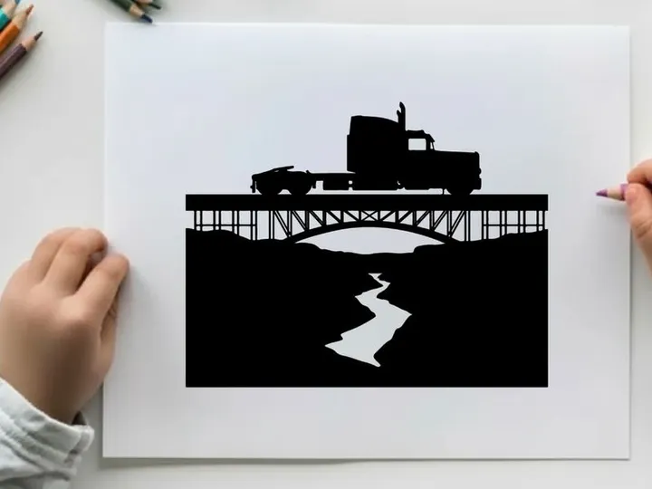 Truck crossing bridge in silhouette against white background