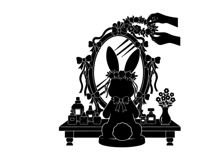 Silhouette of a rabbit in front of a vanity mirror with flowers