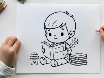 Cute boy reading book with robot vector illustration preview picture