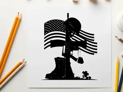 American military silhouette with flag and memorial cross