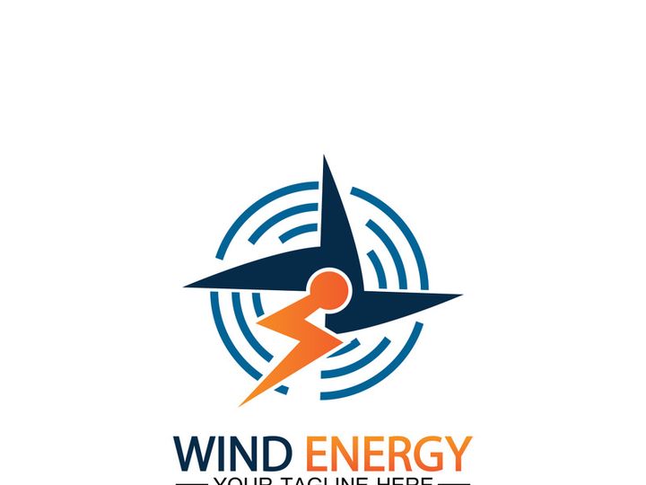 Wind energy logo. renewable energy icon with wind turbines and thunder bolt isolated on white background