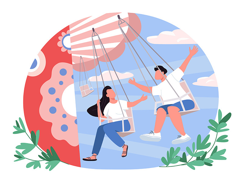 Couple in amusement park 2D vector web banner, poster