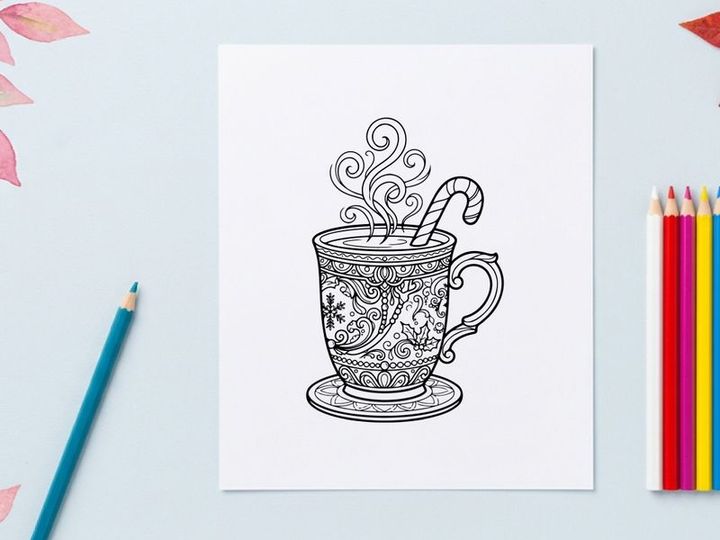 Taza elegante de Navidad con vapor y espiral de bastón de caramelo que surge de la bebida festiva