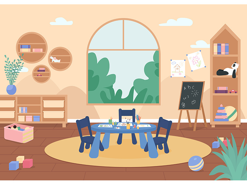 Kindergarten painting class flat color vector illustration