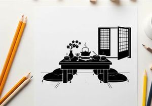 Silhouette of a traditional japanese room interior with table