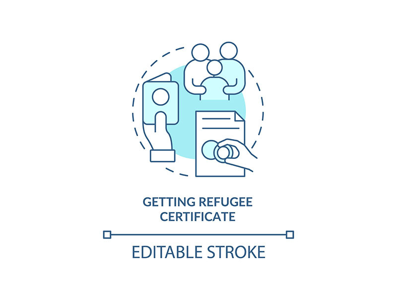 Getting refugee certificate turquoise concept icon