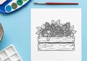 Hand-drawn Christmas floral arrangement in rectangular planter for festive home decor