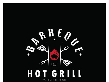 Smoke and BBQ Barbecue Vintage hot grill, with crossed flames and spatula. Logo for restaurant, badge, cafe and bar.vector preview picture