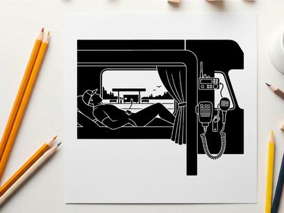 Silhouette of a person reclining in a vehicle with curtains and a phone