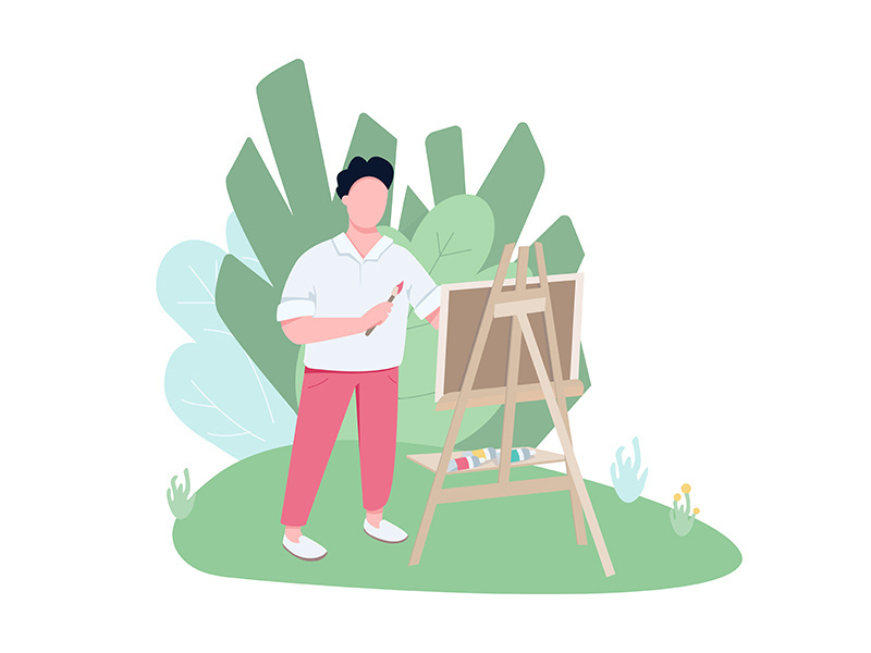 Plein air artist working in park flat color vector faceless character