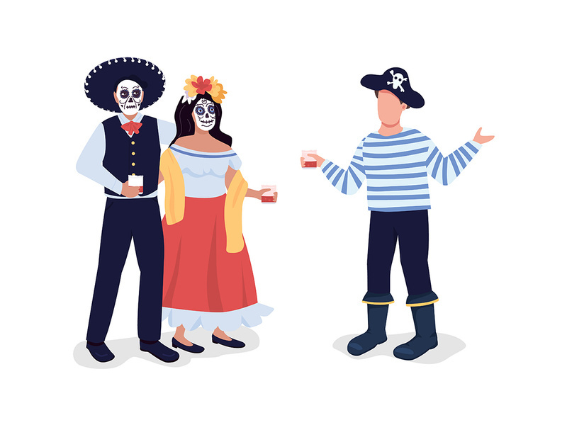 Friends in Halloween costumes semi flat color vector characters