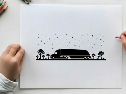 Truck silhouette driving under starry night sky with trees