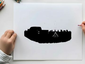 Silhouette of people gathered around campfire with vehicle silhouette preview picture