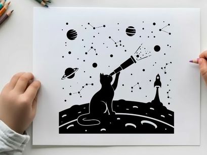 Silhouette of cat exploring space with telescope on moon