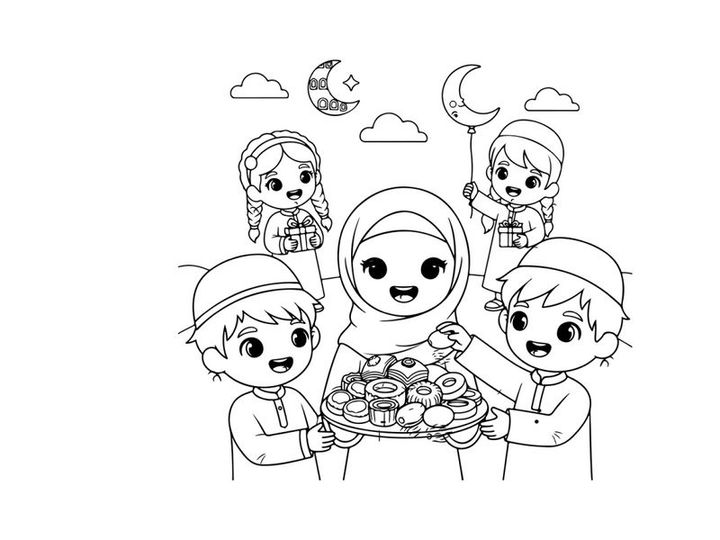 Muslim children iftar meal Ramadan celebration flat design vector illustration