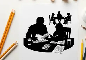 Silhouette of two people reading at a table with others in background silhouette