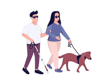 Blind man and woman with guide dog flat color vector faceless character preview picture