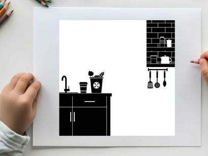 Silhouette of a kitchen counter and utensils on a white background