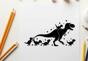 Silhouette of a t rex and its babies in space