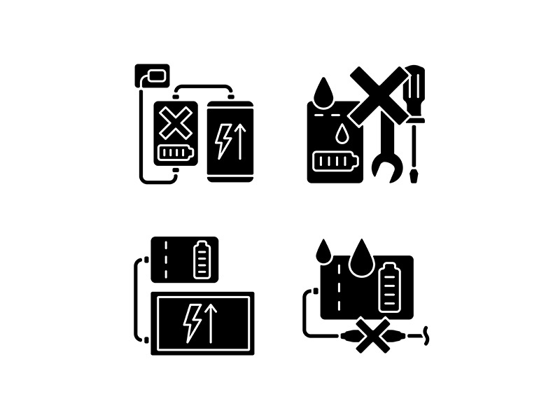 Powerbank use black glyph manual label icons set on white space