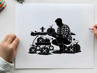 Silhouette of a man picking pumpkins in a patch at dusk