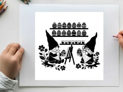 Gnomes in a workshop with silhouette of various objects and plants