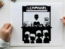 Silhouette of kids buying lemonade from a vendor stand