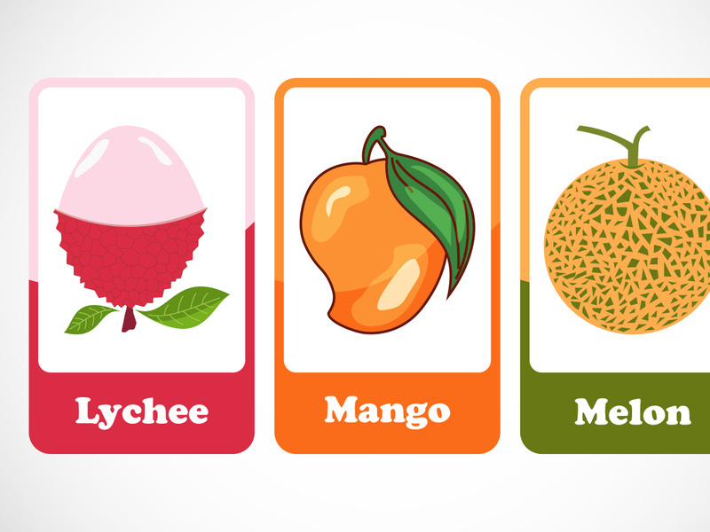 Fruit flashcards for kids. Educational cards for preschool. Printable vector illustration