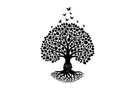 Silhouette of a tree with roots and butterflies flying away