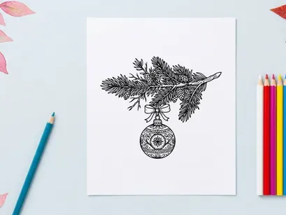 Hand drawn Christmas bauble hanging from a pine branch sketch illustration.