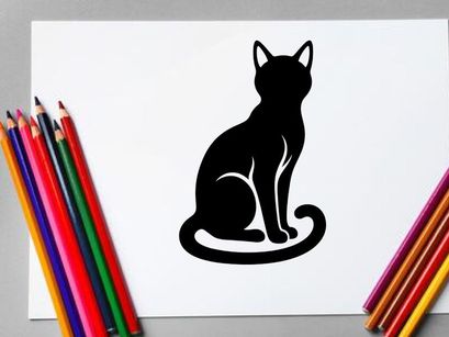 Silhouette Kucing Duduk dengan Telinga Lancip dan Ekor Melengkung