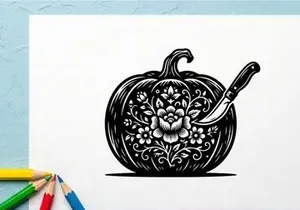 Abóbora decorativa com padrões florais e faca de talho