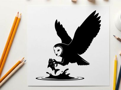 Silhouette of an owl swooping down to catch a fish