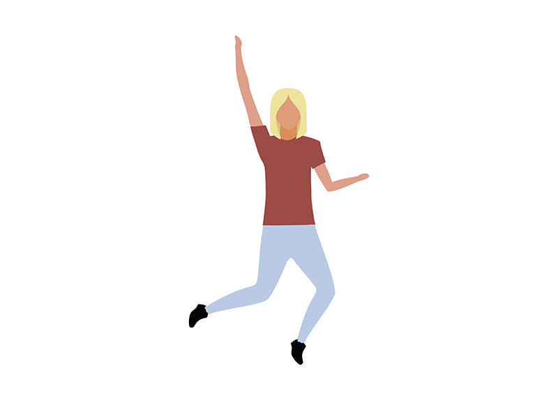 Woman jumping with hand up semi flat color vector character