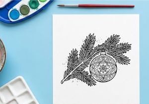 Christmas bauble and pine branch line art illustration for holiday greeting card design.