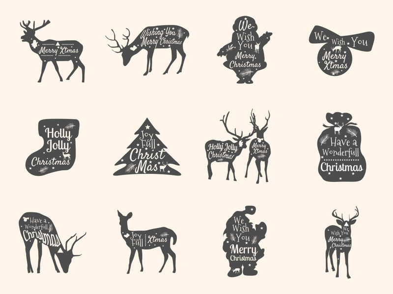 typography retro lettering inside deer, christmas monochrome silhouette tree.