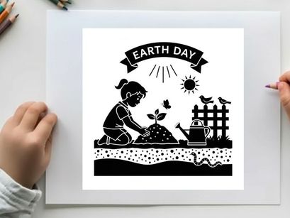 Earth day silhouette of a girl planting a tree with birds and sun