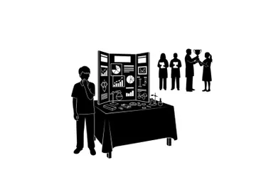 Silhouette of a boy standing by a table with a display and other silhouettes preview picture