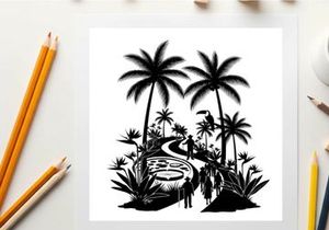 Tropical island silhouette with palm trees and winding path