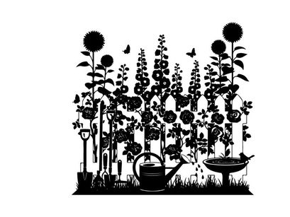 Silhouette of flowers and gardening tools on white background