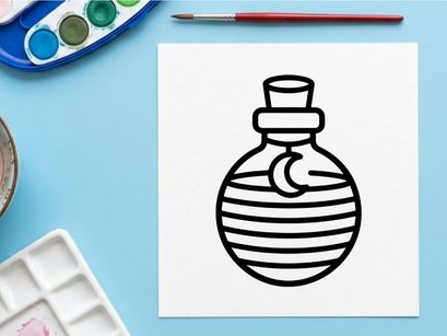 Halloween magic potion bottle icon. Witchcraft elixir flask with moon symbol graphic.