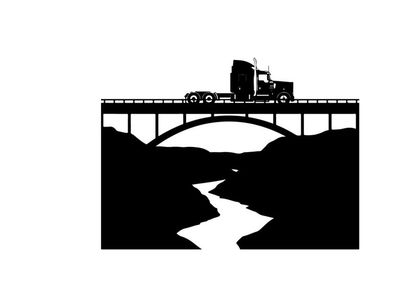 Truck crossing bridge in silhouette against white background