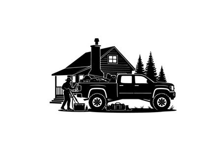 Silhouette of a man loading wood beside a truck and cabin