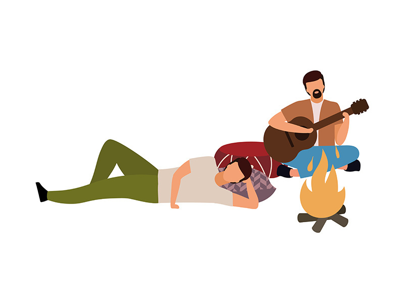 Relaxing around campfire semi flat color vector characters