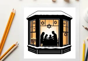 A silhouette of a family celebrating hanukkah in a cozy snow covered house
