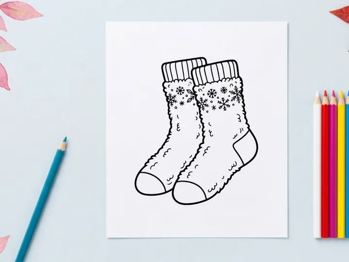 Pair of cozy winter socks with snowflake pattern, hand drawn line art illustration.