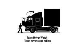 Silhouette of team driver wistch with rolling semi truck silhouette