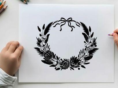 Silhouette of a floral wreath with bow on top