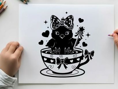Adorable silhouette cat in decorative teacup with bow and wand silhouette